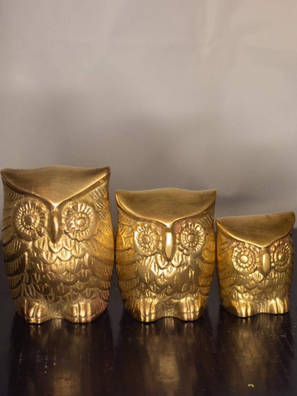 Vintage Brass Owl Trio • Graduated Sizes • Polished